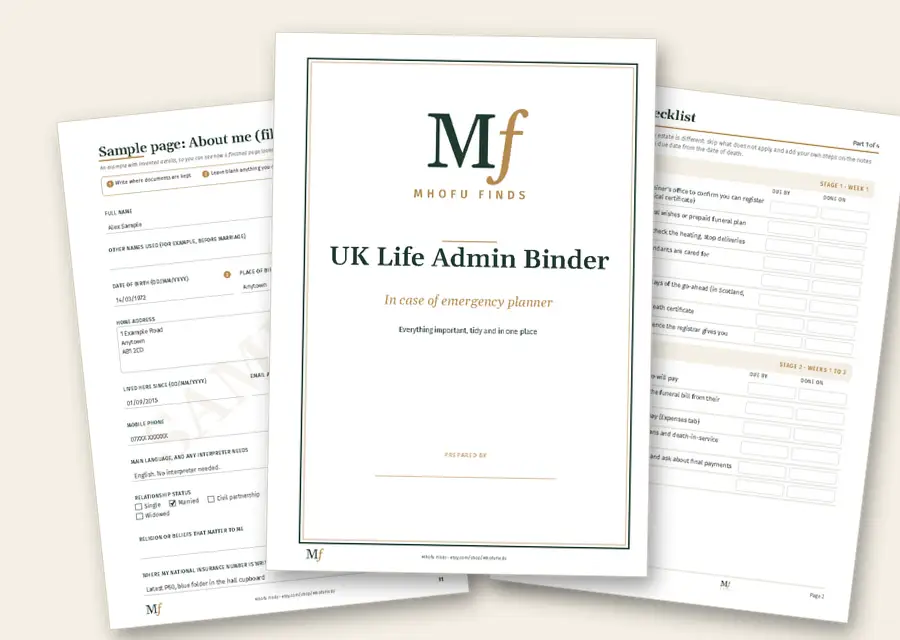 Three real pages from the Life Admin Binder: the cover, a filled-in sample page and the executor checklist